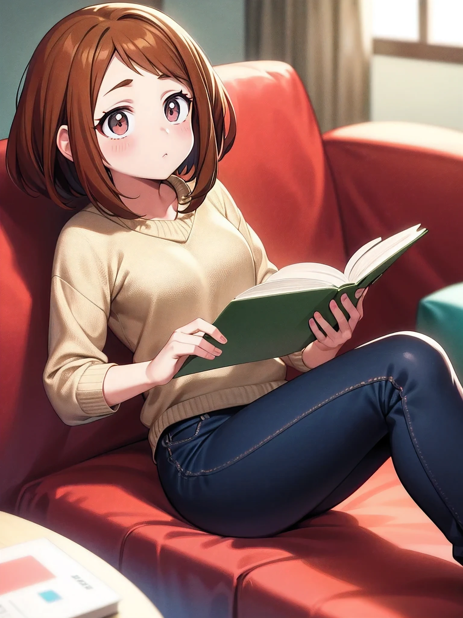 Ochaco Uraraka, sitting on the couch reading a book, Intricate details, maximum resolution, 4k