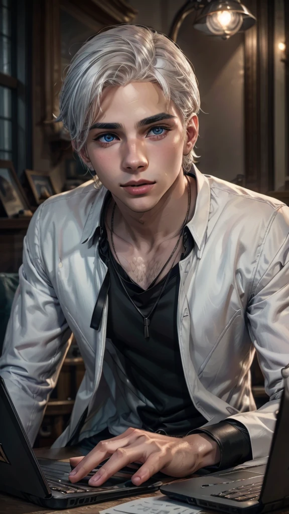 A young man, beautiful detailed eyes, beautiful detailed lips, extremely detailed eyes and face, long eyelashes, sitting, fiddling with laptop, white hair, black t-shirt, blue overcoat, power of technology, semi-realism, intricate details, cinematic lighting, photorealistic, 8k, hyper detailed, masterpiece, concept art, dramatic shadows