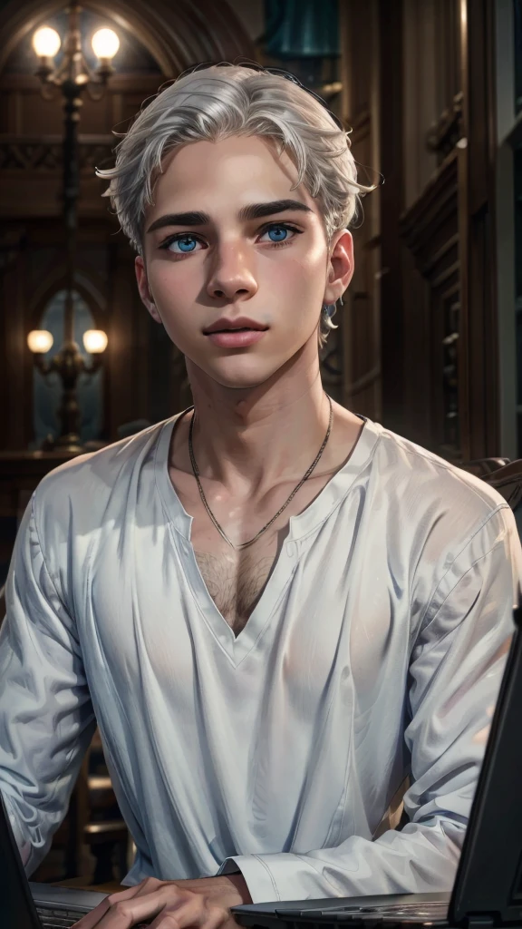 A young man, beautiful detailed eyes, beautiful detailed lips, extremely detailed eyes and face, long eyelashes, sitting, fiddling with laptop, white hair, black t-shirt, blue overcoat, power of technology, semi-realism, intricate details, cinematic lighting, photorealistic, 8k, hyper detailed, masterpiece, concept art, dramatic shadows