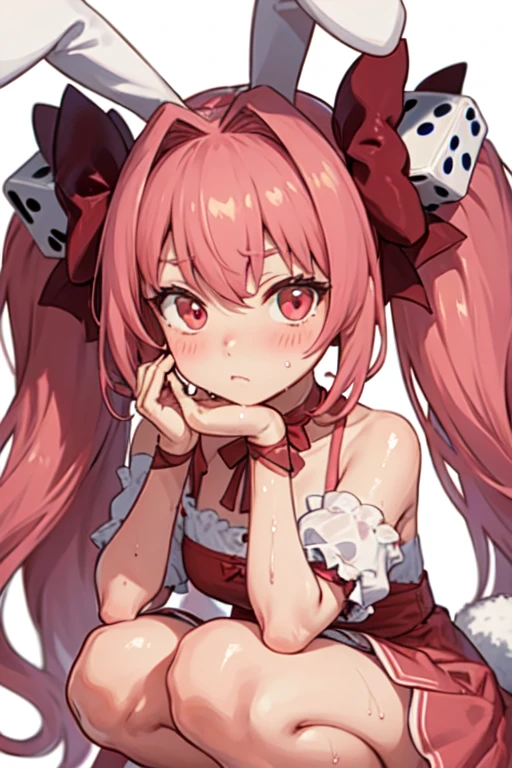 usada, 1girl, solo, long hair, rabbit ears, twintails, pink hair, dice hair ornament, pink ribbon, pink bow, bare shoulders, pink dress, red eyes, heart, 
blush, head on hand, looking at viewer, solo, squatting, close-up, portrait, wet
 