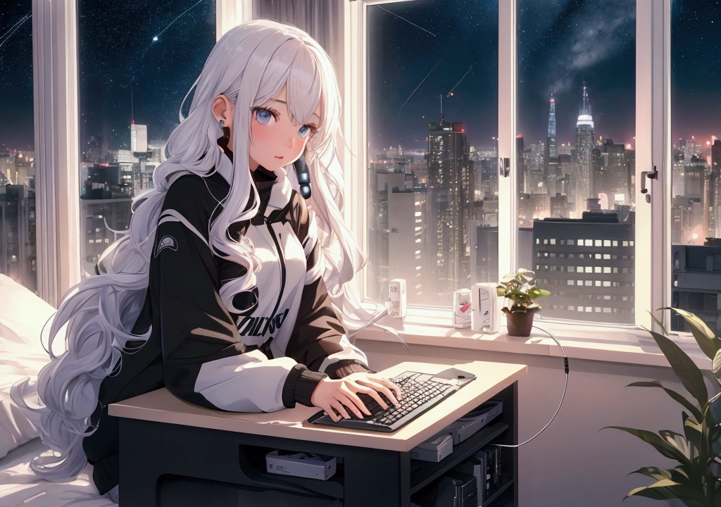 Beautiful girl in her room in the city、 white, long hair and black curls Alert earplugs spread across the computer in front of the stars in ultra-realistic windows at night,8k,Ultra-high definition,Pixar-style,High definition,1920x1080