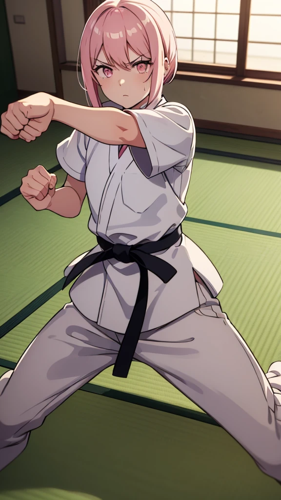 ((masterpiece, Highest quality, Very detailed, Very nice 8K CG wallpaper)), , A little thick, Medium Hair, Light pink hair, short hair, Pale pink eyes,judo player、長袖judo着、Large bust、ロングjudoパンツ、judo、Serious expression、Inside the judo Gymnasium、、On the tatami、discovery、One Girl、Combat Stance、A tough fight、Mizuki Akatsukiyama、Bust Size AA Cup、Clenched hands(punch:1.3)、Spread your legs、Sweating