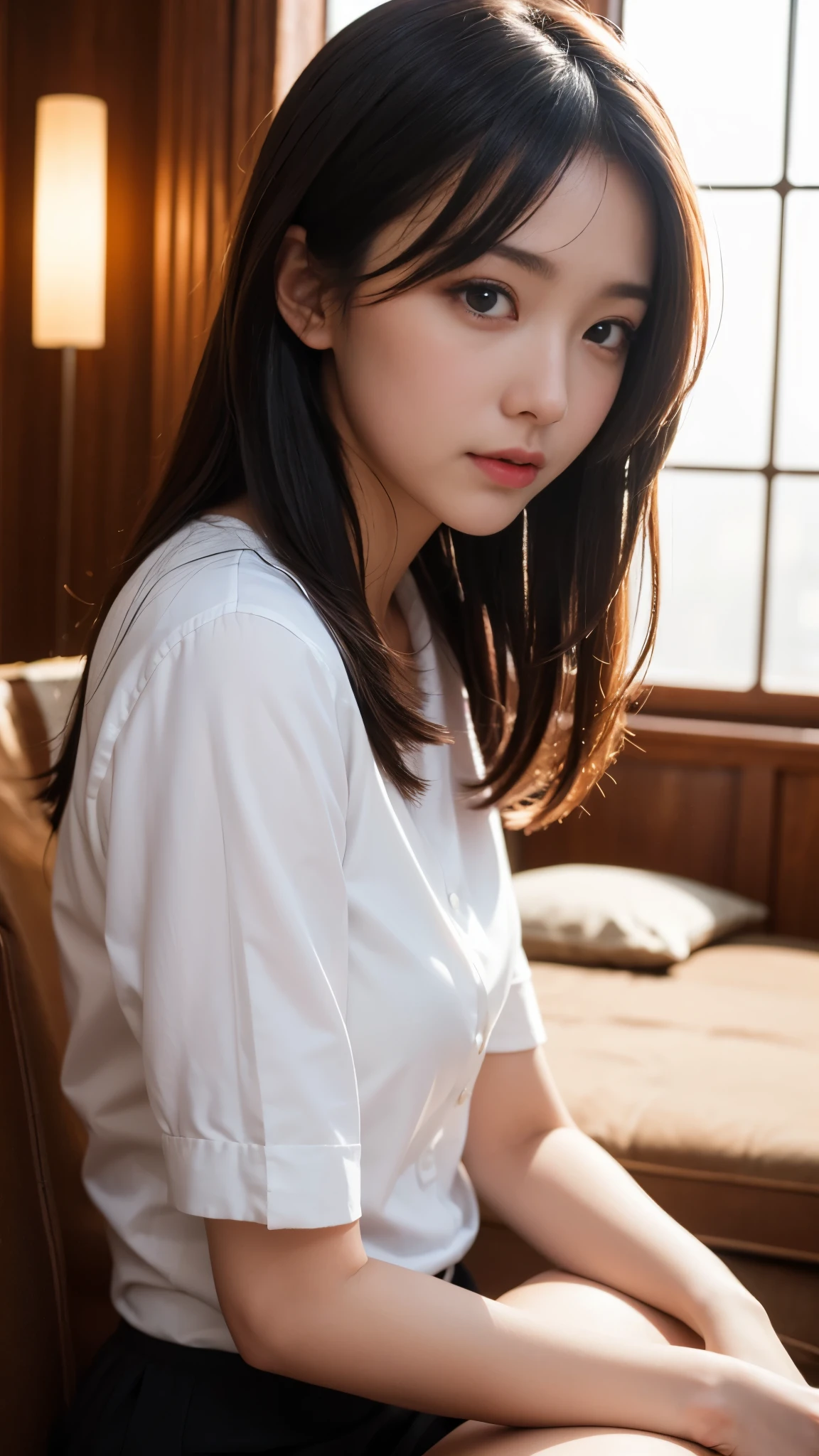 (yinchuan:1.5), close-up, masterpiece, best quality, raw photo, photorealistic, big, beautiful face, girl with soft smile, cute, white t-shirt, skirt, beautiful thighs, middle hair depth of field, high resolution, ultra detail, fine detail, very detailed, very detailed eyes and face, sharp pupils, realistic pupils,