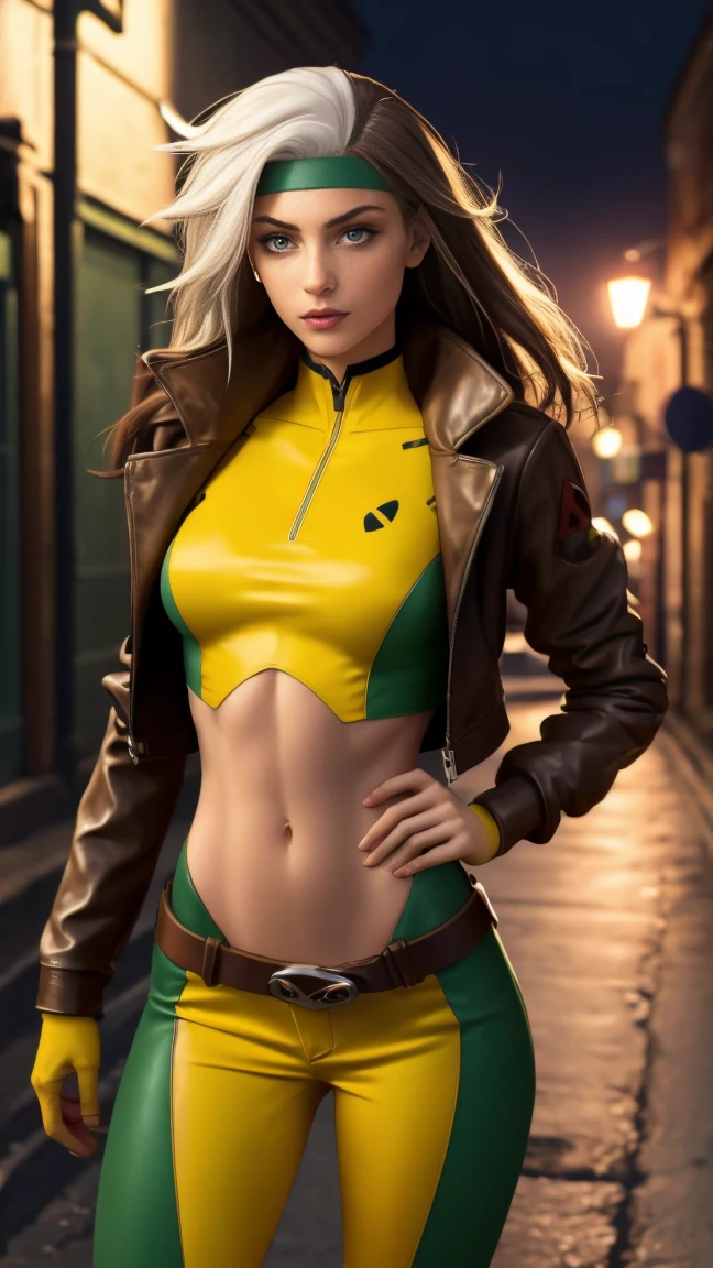 (Highly quality, masterpiece, detailed), night city detailed scenario, night city detailed background, 20 years old girl, solo, multi colored hair, white hair, brown hair, Superhero, Rogue, Xtreme, blue eyes, jacket, open clothes, belt, open jacket, headband, cropped legs, leather, leather jacket, green pants, yellow pants, yellow leather top, green leather top, crop top, navel, perfect face, beautiful eyes, perfect eyes, looking at the viewer, Sexy pose