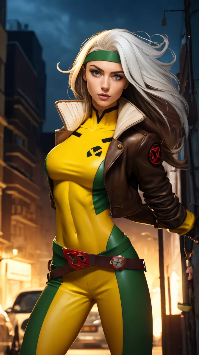 (Highly quality, masterpiece, detailed), night city detailed scenario, night city detailed background, 20 years old girl, solo, multi colored hair, white hair, brown hair, Superhero, Rogue, Xtreme, blue eyes, jacket, open clothes, belt, open jacket, headband, cropped legs, leather, leather jacket, green pants, yellow pants, yellow leather top, green leather top, crop top, navel, perfect face, beautiful eyes, perfect eyes, looking at the viewer, Sexy pose