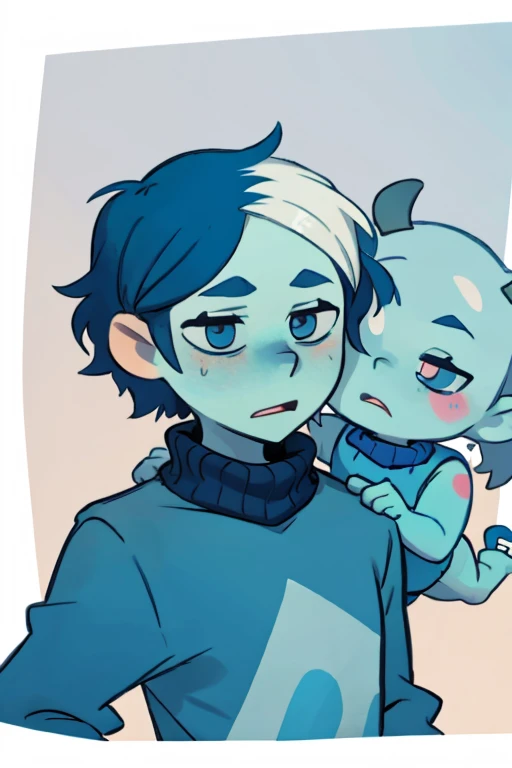 boy, adult, blue skin, White hair, shaved head, hair covers one eye,  horns from the front, Blue turtleneck