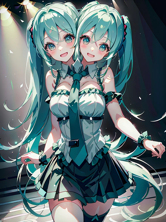 (Masterpiece, best quality), best resolution, (2 heads:1.5), 1 girl, Hatsune Miku, aqua hair, twin tail, long hair, tear, open mouth, smile, be happy, sing, Dancing, White sleeveless shirt, Aqua necktie, black skirt, arms separated, concert stage