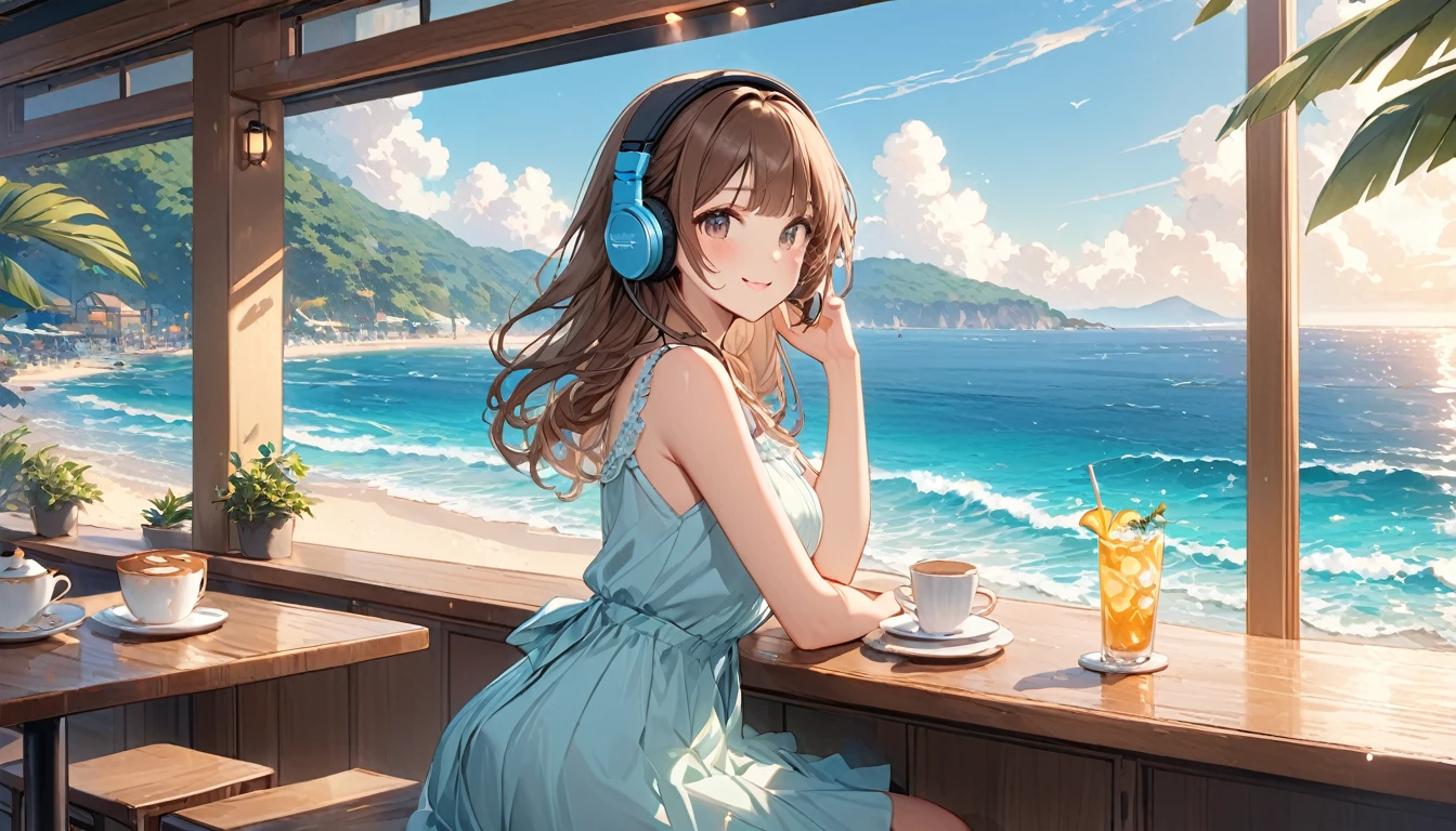 Brown-haired girl wearing headphones、Beachside Cafe Very detailed、masterpiece, Highest quality, Light background:Beachside cafe look:Relaxed and smiling outfit:Casual Summer Dress Pose:Sitting at a table in a café、Scene looking out at the sea:A cafe with a pleasant atmosphere, featuring the sound of waves and the sea breeze
(Detailed fingers), (Emotional), (Breathtakingly beautiful), (main part:1.2 Whole body), (Anime Style), (Very detailed), (超High resolution, High resolution), (8k), (Complex and beautiful: 1.2)