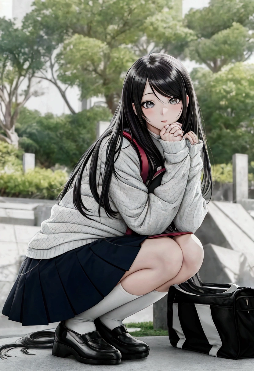 manga style, black and white, there is a woman kneeling on the ground with a backpack, beautiful anime high school girl, attractive anime girl, beautiful anime girl squatting, beautiful anime girl, cute anime girl, pretty anime girl, photorealistic anime girl render, realistic young anime girl, smooth anime cg art, hyperrealistic schoolgirl, anime girl, realistic anime artstyle, photorealistic anime