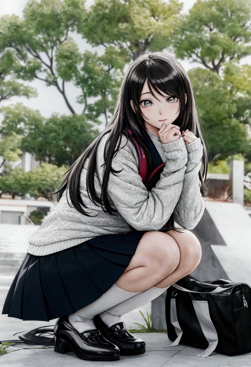 manga style, black and white, there is a woman kneeling on the ground with a backpack, beautiful anime high school girl, attractive anime girl, beautiful anime girl squatting, beautiful anime girl, cute anime girl, pretty anime girl, photorealistic anime girl render, realistic young anime girl, smooth anime cg art, hyperrealistic schoolgirl, anime girl, realistic anime artstyle, photorealistic anime