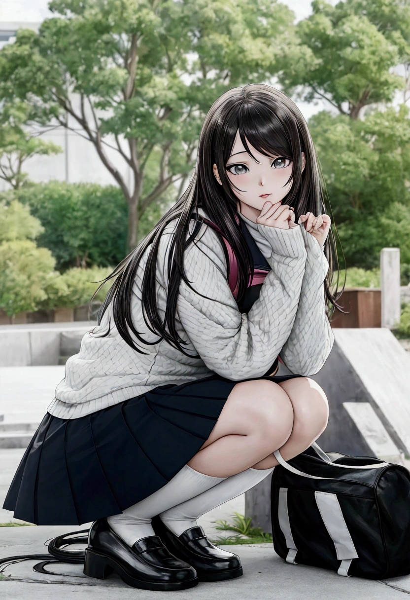 manga style, black and white, there is a woman kneeling on the ground with a backpack, beautiful anime high school girl, attractive anime girl, beautiful anime girl squatting, beautiful anime girl, cute anime girl, pretty anime girl, photorealistic anime girl render, realistic young anime girl, smooth anime cg art, hyperrealistic schoolgirl, anime girl, realistic anime artstyle, photorealistic anime