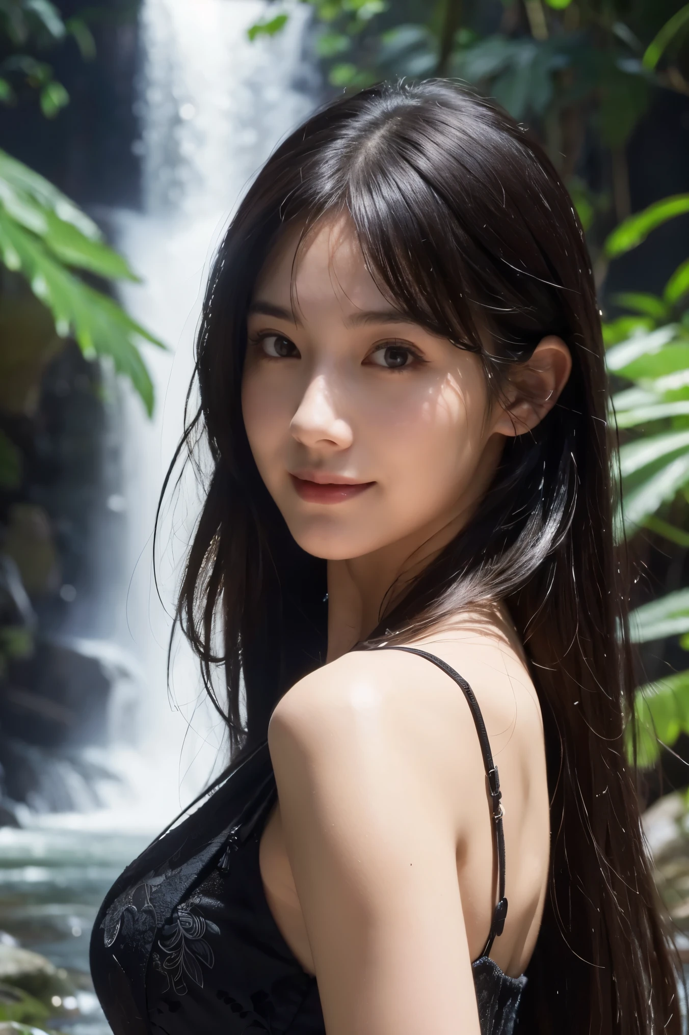 (ultra realistic) , (illustration), (increase resolution), (8K), (extremely detailed), (best illustration), (beautiful detailed eyes), (best quality), (ultra-detailed), (masterpiece), (wallpaper), (detailed face), 1 girl, black straight hair, slender body, delicate details, in the dark, deep shadow, low key, pureerosfaceace_v1, happy smile, summer dress, waterfall, rainforest