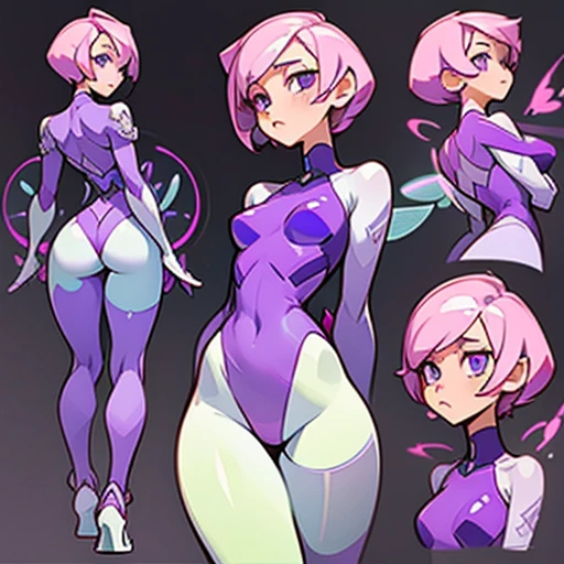 A girl with an angular face and violet eyes, a concentrated and analytical expression.

Short pink hair, styled in a modern and practical cut.

Body with a slim With wide hourglass-shaped hips and a small bust and athletic figure. Light skin. Reflects precision and efficiency.

Dressed in purple and green erotic Underwear and with fairy wings With phosphor green technology elements  

(((Character sheet))) (various views) ((front and back) (face detail)