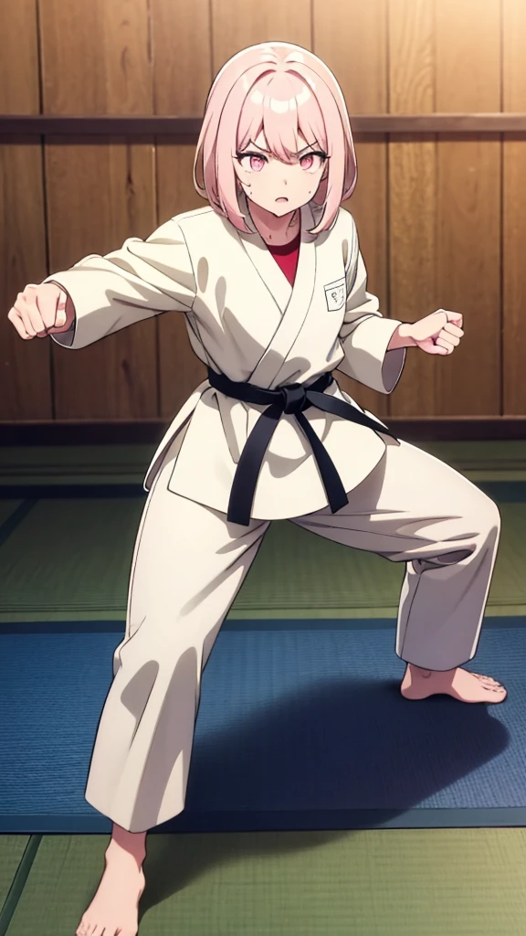 ((masterpiece, Highest quality, Very detailed, Very nice 8K CG wallpaper)), , A little thick, Medium Hair, Light pink hair, short hair, Pale pink eyes,judo player、長袖judo着、Large bust、ロングjudoパンツ、judo、Serious expression、Inside the judo Gymnasium、、On the tatami、discovery、One Girl、Combat Stance、A tough fight、Mizuki Akatsukiyama、Bust Size AA Cup、Clenched hands(punch:1.3)、Spread your legs、Sweating