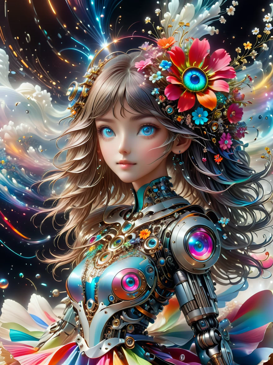 (3D，mechanical感，cute，ais-scrapyrd 1girl，mechanical)，(Use a wide-angle lens to capture full-body images:1.9), (masterpiece:1.1), (highest quality:1.1), (HDR:1.0), ambient light, ultra-high quality,( ultra detailed original illustration), (1girl, full body), (Rainbow dress), (Slender thighs), (Shoes made of flowers: 1.5),((harajuku fashion)), ((flowers with human eyes, flower eyes)), double exposure, fusion of fluid abstract art, glitch, (original illustration composition), (fusion of limited color, Maximalism artstyle, geometric artstyle, Colorful neon lights，高科技mechanical部件，Metal body，Detailed Vibranium Flower Design，Vibrant colors，Dynamic glowing flowers，Reflective metal surface，Bright environment，Dynamic poses，Exquisite existence，Skills Improvement，互锁mechanical齿轮，Stylish design，motion blur effect，Detailed metal treatment，Sci-fi atmosphere，Streamlined aerodynamic shape，Laser scanning pattern，Holographic projection，LED light track，Beautiful and unforgettable，Advanced sensors，Complex algorithms，Ominous and mysterious atmosphere，Electric Spark，Shiny chrome，Propulsion systems of the future，(Best quality，8k，high resolution，masterpiece:1.2)，Super detailed，(whole body:1.8)​