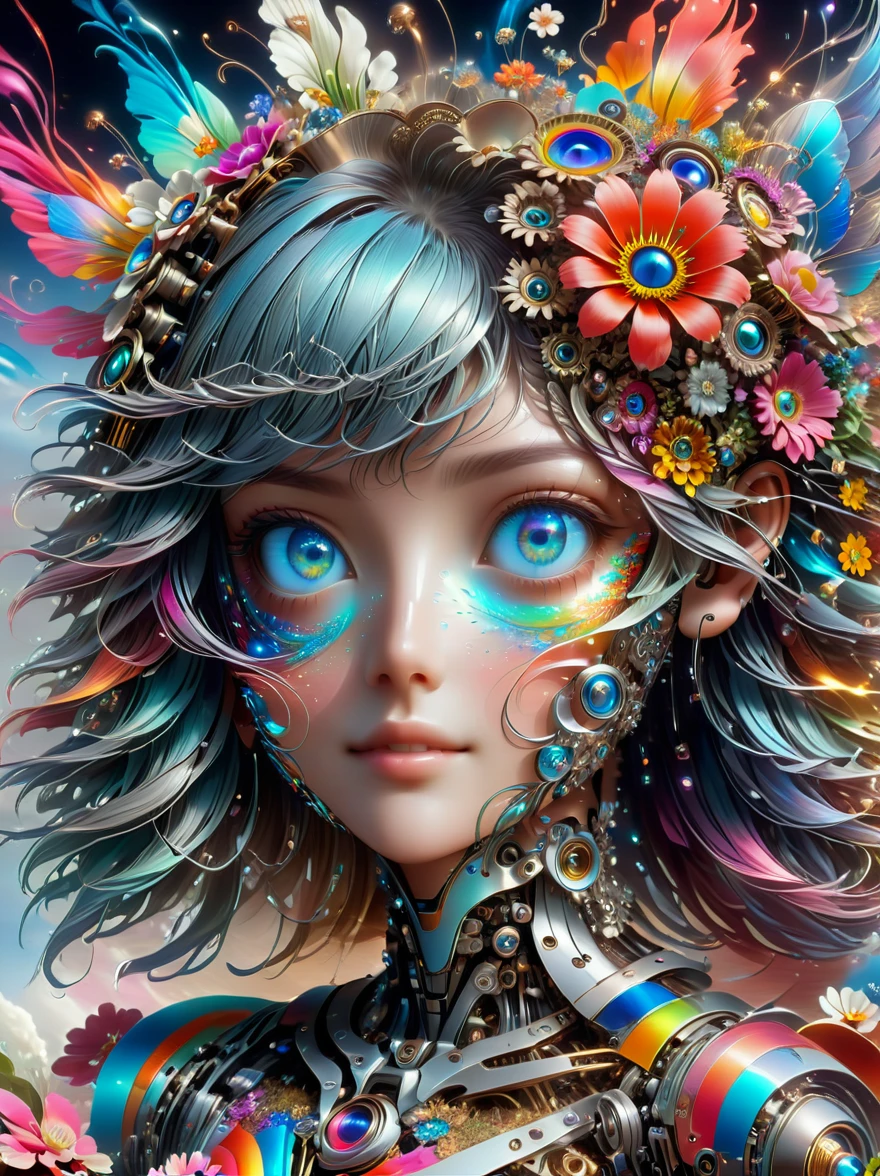 (3D,mechanical感,cute,ais-scrapyrd 1girl,mechanical),(Use a wide-angle lens to capture full-body images:1.9), (masterpiece:1.1), (highest quality:1.1), (HDR:1.0), ambient light, ultra-high quality,( ultra detailed original illustration), (1girl, full body), (Rainbow dress), (Slender thighs), (Shoes made of flowers: 1.5),((harajuku fashion)), ((flowers with human eyes, flower eyes)), double exposure, fusion of fluid abstract art, glitch, (original illustration composition), (fusion of limited color, Maximalism artstyle, geometric artstyle, Colorful neon lights,高科技mechanical部件,Metal body,Detailed Vibranium Flower Design,Vibrant colors,Dynamic glowing flowers,Reflective metal surface,Bright environment,Dynamic poses,Exquisite existence,Skills Improvement,互锁mechanical齿轮,Stylish design,motion blur effect,Detailed metal treatment,Sci-fi atmosphere,Streamlined aerodynamic shape,Laser scanning pattern,Holographic projection,LED light track,Beautiful and unforgettable,Advanced sensors,Complex algorithms,Ominous and mysterious atmosphere,Electric Spark,Shiny chrome,Propulsion systems of the future,(Best quality,8k,high resolution,masterpiece:1.2),Super detailed,(whole body:1.8)