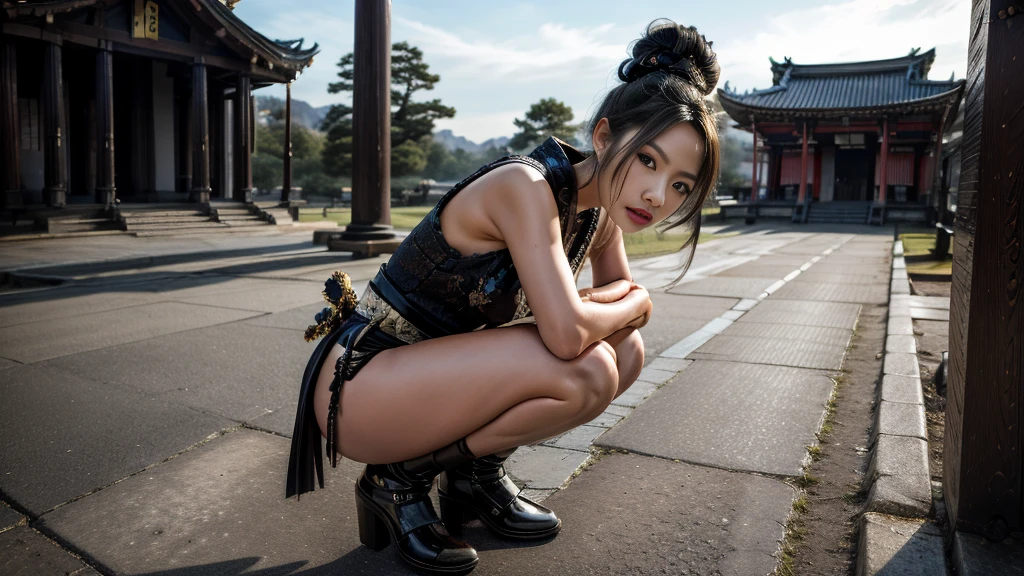 ORIENTAL WARRIOR- GEISHA- SAMURAI SWORD- SEXY- TINY BLACK PANTIES- DETAILED PHOTO- ANGRY FACE- BEAUTIFUL BODY- SHINY TEMPLE- SQUATTING- COLORFUL HD