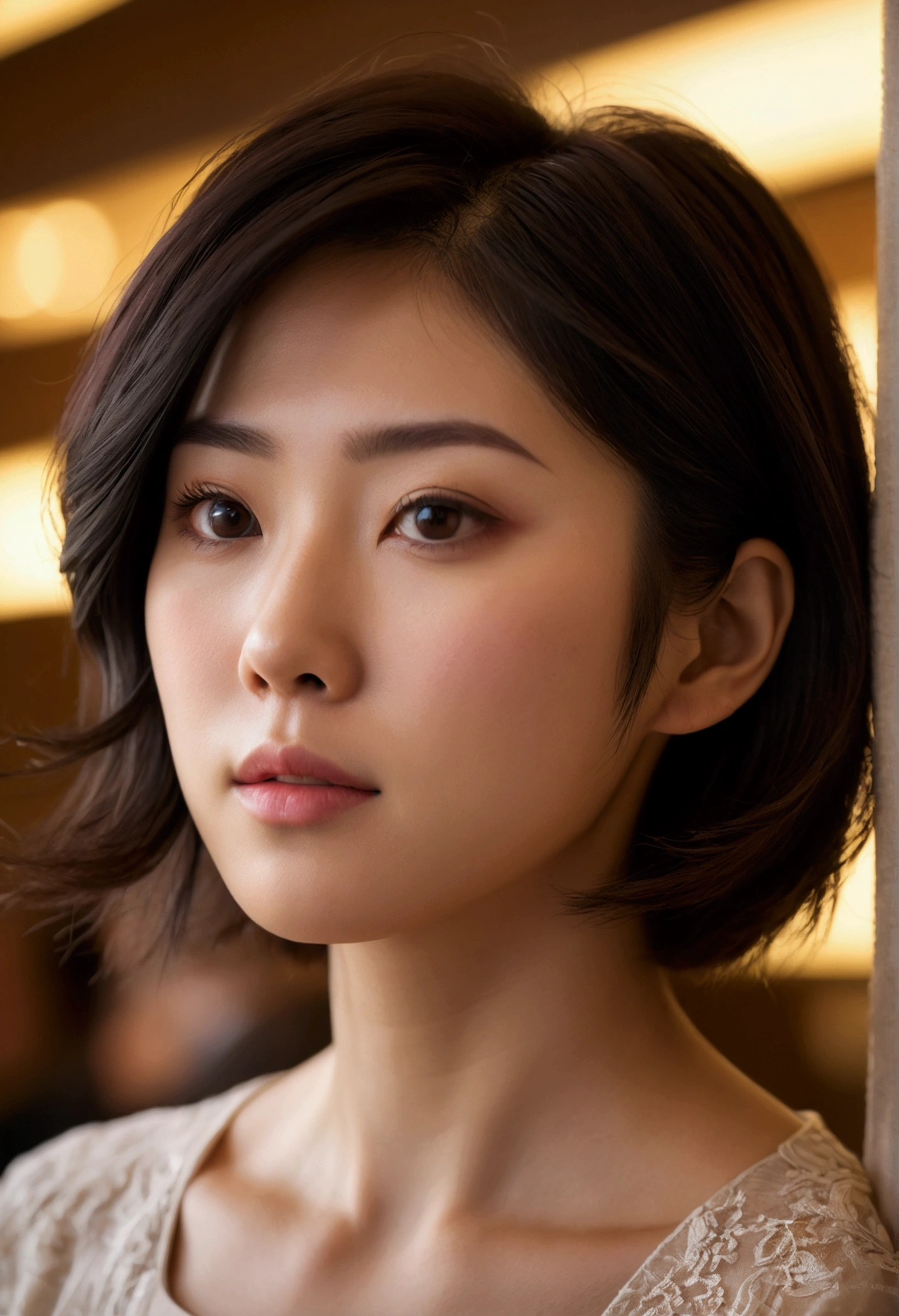 (Top Quality, Masterpiece:1.3, Ultra High Resolution,),(Highly Detailed, Caustics),(Photorealistic:1. 4, RAW Shooting,) Ultra Realistic Capture, High Definition, High Resolution 16K suitable for human skin, Natural Skin Texture, Skin tone looks even and healthy, Use natural light and color, Natural skin tone looks even and healthy Uniform and healthy looking, Using natural light and color, One Woman, Japanese, Cute, Dark hair, Medium hair, (Depth of field, Chromatic aberration, Wide lighting range, Natural shading), (Evening hotel reception lighting: 1. 4), (Hair blowing in wind: 1), Short hair, Outside split edge