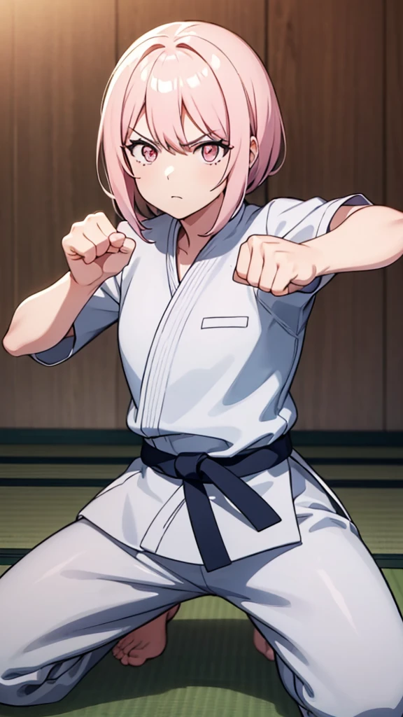 ((masterpiece, Highest quality, Very detailed, Very nice 8K CG wallpaper)), , A little thick, Medium Hair, Light pink hair, short hair, Pale pink eyes,judo player、長袖judo着、Large bust、ロングjudoパンツ、judo、Serious expression、Inside the judo Gymnasium、、On the tatami、discovery、One Girl、Combat Stance、A tough fight、Mizuki Akatsukiyama、Bust Size AA Cup、Clenched hands(punch:1.3)、Spread your legs