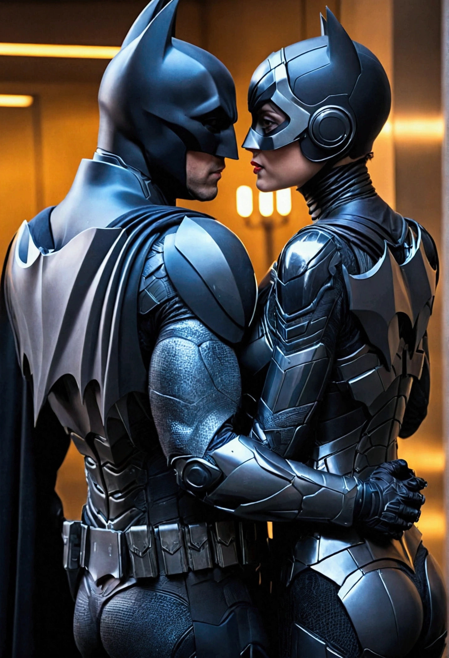 masterpiece, 4k , hyperrealism , superhero batman and sexy batwomen (bobhaircut) hugging, ( futuristic armor suit) ,((perfect body shape))