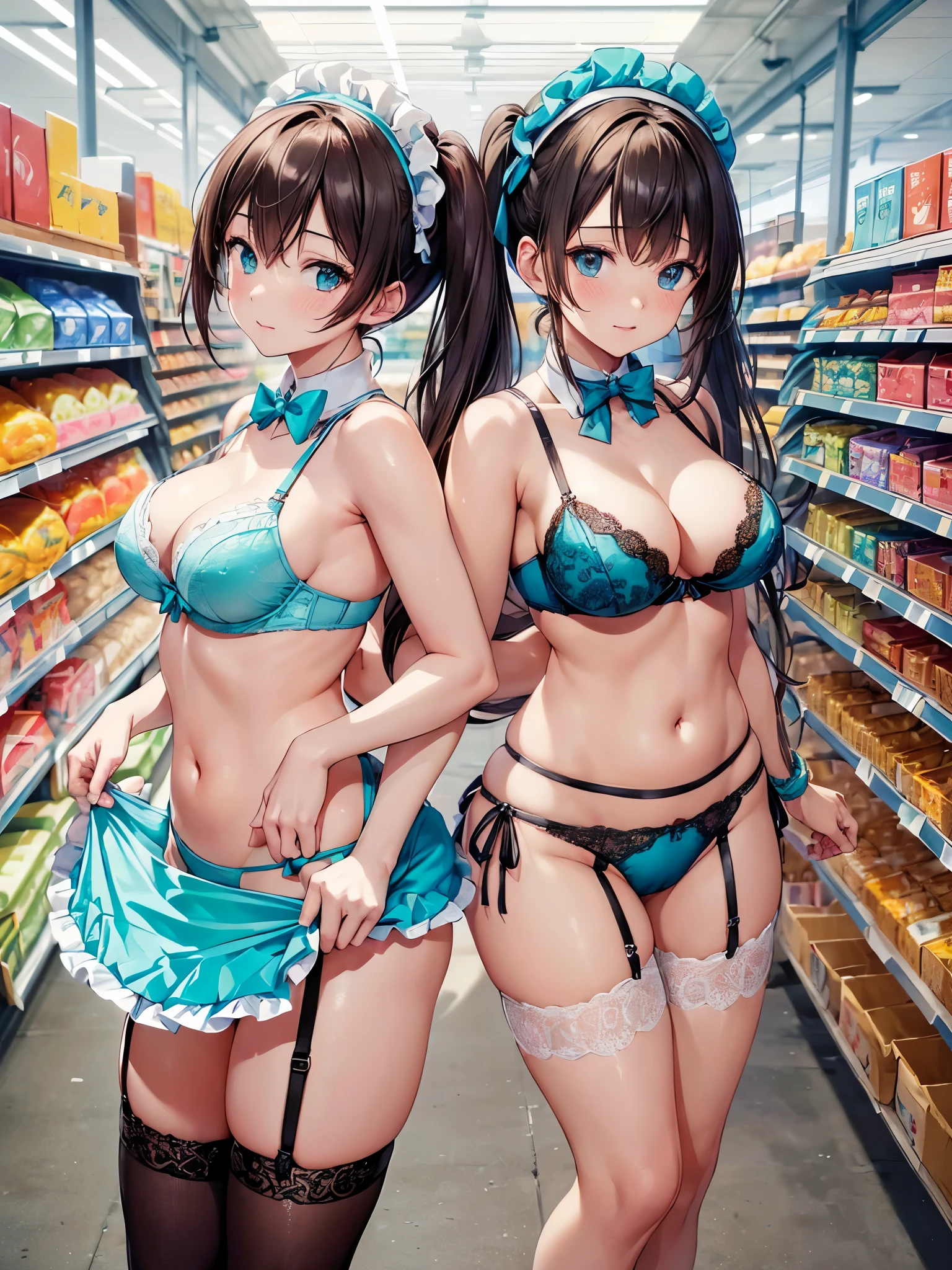 (((masterpiece, Highest quality, High resolution, 超High resolution, Perfect Pixel, Depth of written boundary, 4K, RTTX 10.0))), Beautiful Anime Woman, Beautiful art style, Anime characters, ((Smooth texture, Realistic texture, Anime CG Style)), Perfect and accurate finger count、Exact number of legs、(Exact number of arms:1.0, Exact number of hands:1.0), (Perfect hands, Perfect Anatomy), Cinematic, Realistic, Extremely detailed CG, Daytime lighting, Perfect lighting, Best Shadow, The best natural light, whole body, Perfect body, バランのとれたPerfect body, Perfectly balanced style, Soft body, ((bangs, Dark brown hair, Twin tails, High Up)), ((A cute adult woman is walking towards me:1.8)), ((Bow tie around neck:1.3), (Sexy and cute turquoise underwear:1.3), (Stylish shiny turquoise blue satin panties, Side-tie turquoise panties, Panties with a plain turquoise blue center and lace decoration on the sides, Thin turquoise panties:1.4), (Turquoise micro lace satin bra, Turquoise blue bra with large lace trim around the edges, Turquoise blue open cup bra, 乳首を覆う布がThin bra, Thin bra:1.4), (lace garter belt, Garter Strings, Knee socks:1.3):1.3), (Beautiful big boobs:1.1), (Embarrassed expression:1.7), blush, (supermarket, Merchandise Shed, aisle, Many visitors in the background, Inside the crowded store:1.7), naked, belly button, In underwear, ブラとパンティとガーターベルトとKnee socksのみ, (Frilly maid headband:1.1), Angle from the front