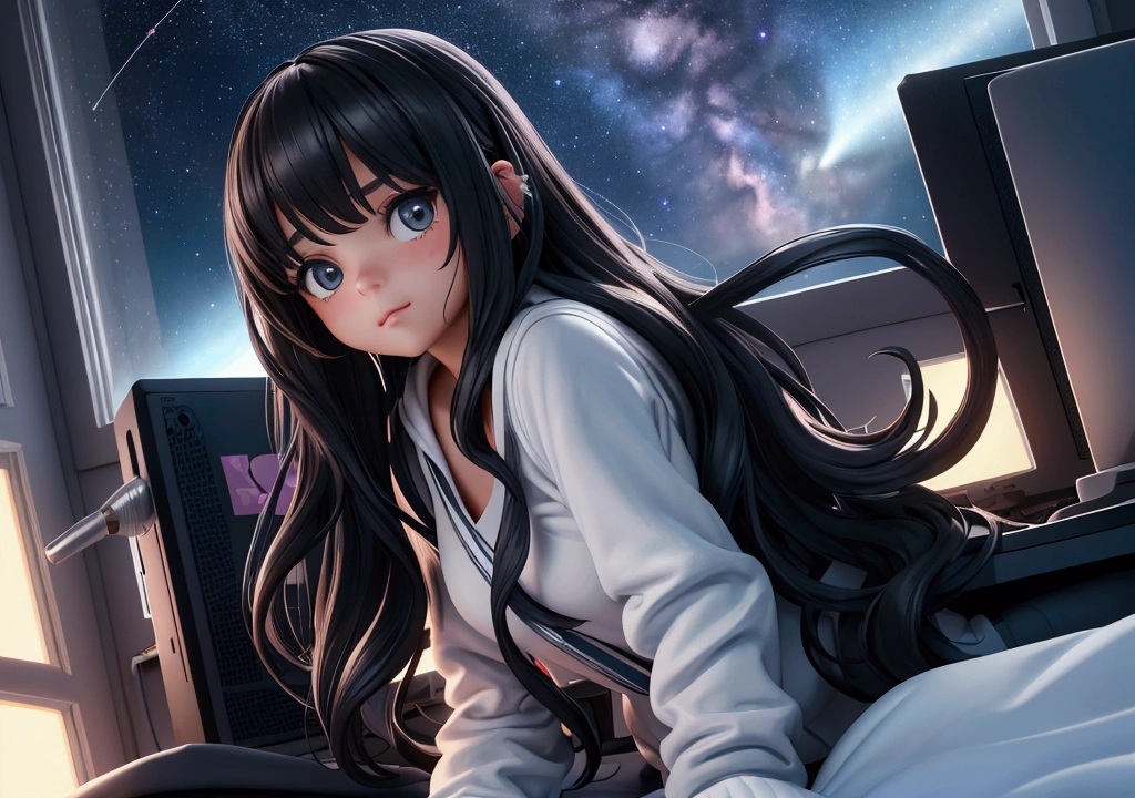 Beautiful age girl in her room in the city、 white, long hair and black curls Alert earplugs spread across the computer in front of the stars in ultra-realistic windows at night,8k,Ultra-high definition,Pixar-style,High definition,1920x1080