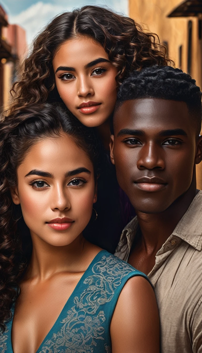 cover book "el precio del deseo" a handsome young african american man,  and a latina woman with dark chocolate skin, beautiful curly haired detailed facial features, romantic couple portrait, cinematic lighting, dramatic atmosphere, vibrant colors, masterpiece, photorealistic, 8k, pic,

