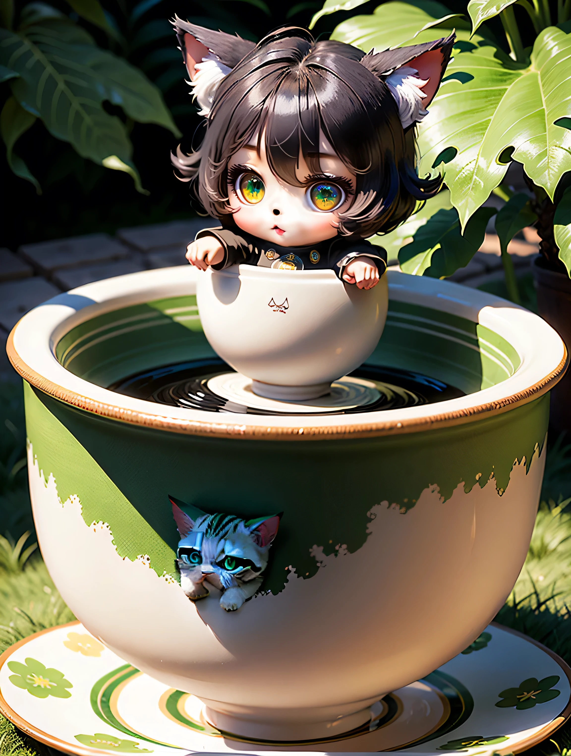 Cute Chibi Anime, A catgirl standing in a giant deep empty teacup, Black drill hair, beautiful green eyes, hands hanging on to the cup rim, white cat tail, :3, Royal Botanical Gardens