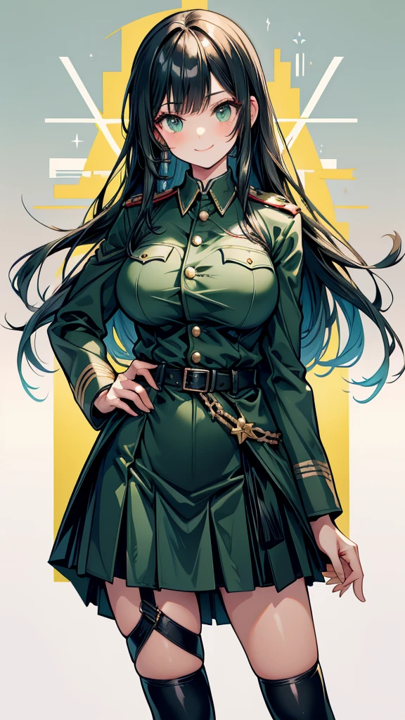 Adult female　long hair　bangs　Hime cut　Black Hair　expensive　smile　Big Breasts　Dark green German military uniform　Tight Skirt　spats　Hold the sword at your waist　battlefield