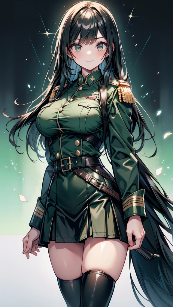 Adult female long hair bangs Hime cut Black Hair expensive smile Big Breasts Dark green German military uniform Tight Skirt spats Hold the sword at your waist battlefield