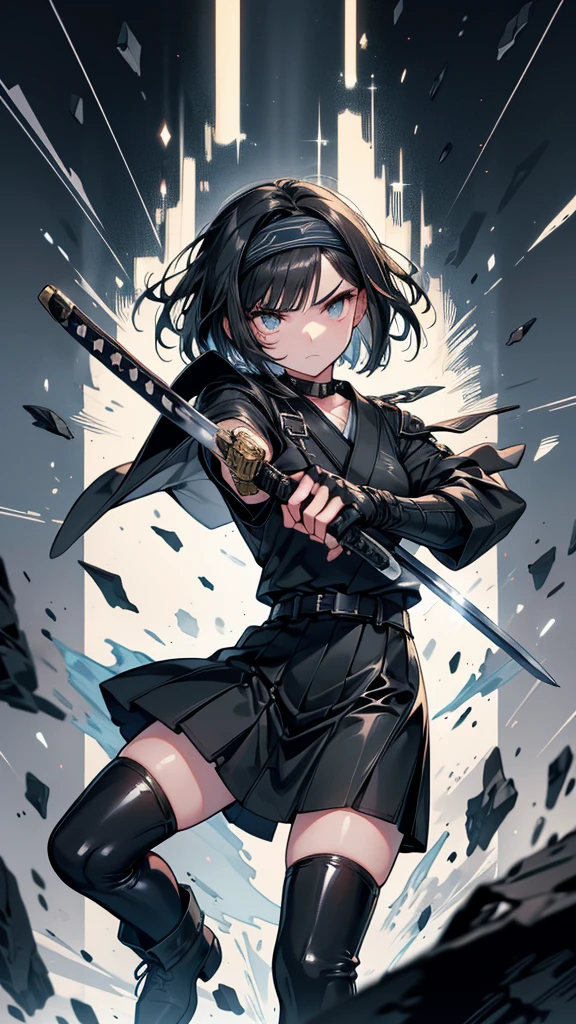 mature　Bobcut　Black Hair　expensive　Narrow eyes　Glaring at me　Glare　frivolous attitude　Black Sailor Suit　Armor　Wear a headband around your forehead　tiny hand　Hand guard　gloves　Black boots　Holding a Japanese sword　battlefield