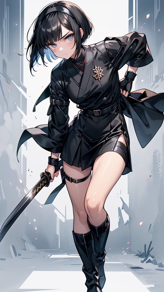 mature　Bobcut　Black Hair　expensive　Narrow eyes　Glaring at me　Glare　frivolous attitude　Black Sailor Suit　Armor　Wear a headband around your forehead　tiny hand　Hand guard　gloves　Black boots　Holding a Japanese sword　battlefield