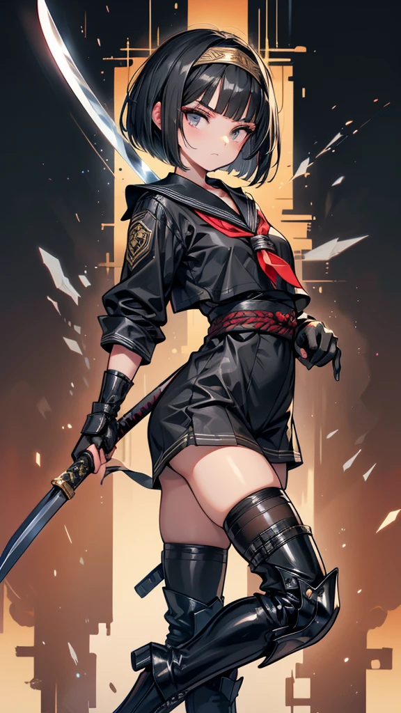 mature　Bobcut　Black Hair　expensive　Narrow eyes　Glaring at me　Glare　frivolous attitude　Black Sailor Suit　Armor　Wear a headband around your forehead　tiny hand　Hand guard　gloves　Black boots　Holding a Japanese sword　battlefield