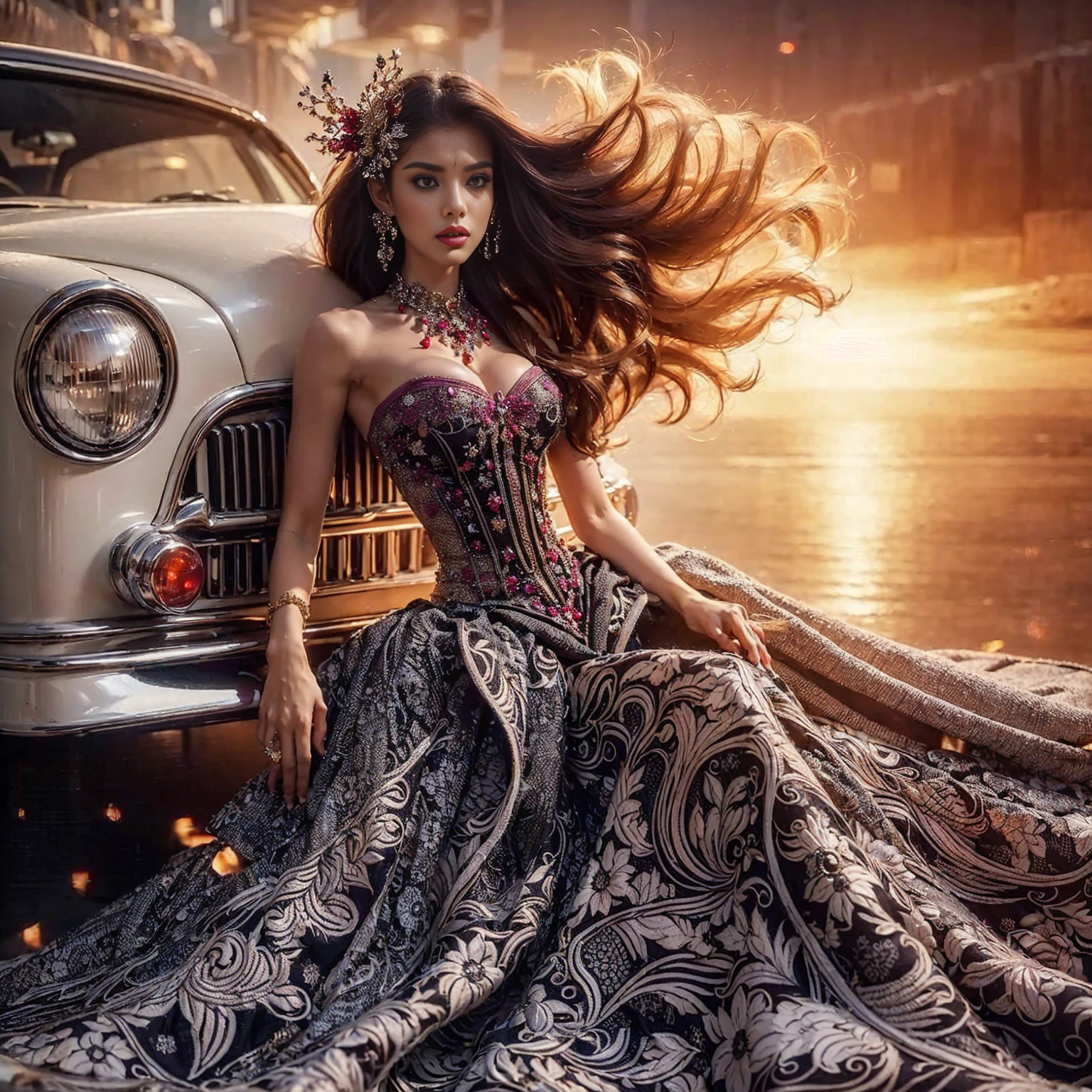 An asian woman with loose hair, standing on the stairs in the middle of a magical atmosphere, with a predominantly black and purple costume, a strapless corset-style dress decorated with bright purple jewels, a short tutu skirt, black thigh-high stockingswith lace tops and ornaments purple jewels, high heels with gold decoration, grand staircase background under mysterious sky full of stars and celestial bodies, crystal detailed, hyper realistic, hyper detail Transparent clothing, Detailed gemstones, masterpiece, best quality:1.2),,(8k,highres,RAW photo,realistic,photo-realistic:1.3),(detailed skin texture,detailed cloth texture, beautiful detailed face:1.25),professional lighting,photon mapping,beautiful soft light,radiosity,physically-based rendering,raytracing, model shoot style, model shoot style, (extremely detailed CG unity 8k wallpaper), full shot body photo of the most beautiful artwork in the world (NSFW), (Nude), (Naked), (Nipple) (pussy) (small pussy) (exposed pussy) (Navel) (amazing background)