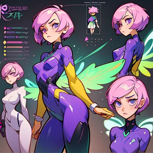 A girl with an angular face and violet eyes, a concentrated and analytical expression.

Short pink hair, styled in a modern and practical cut.

Body with a slim With wide hourglass-shaped hips and a small bust and athletic figure. Light skin. Reflects precision and efficiency.

 in purple and green body paint and with fairy wings With phosphor green technology elements  

(((Character sheet))) (various views) ((front and back) (face detail)