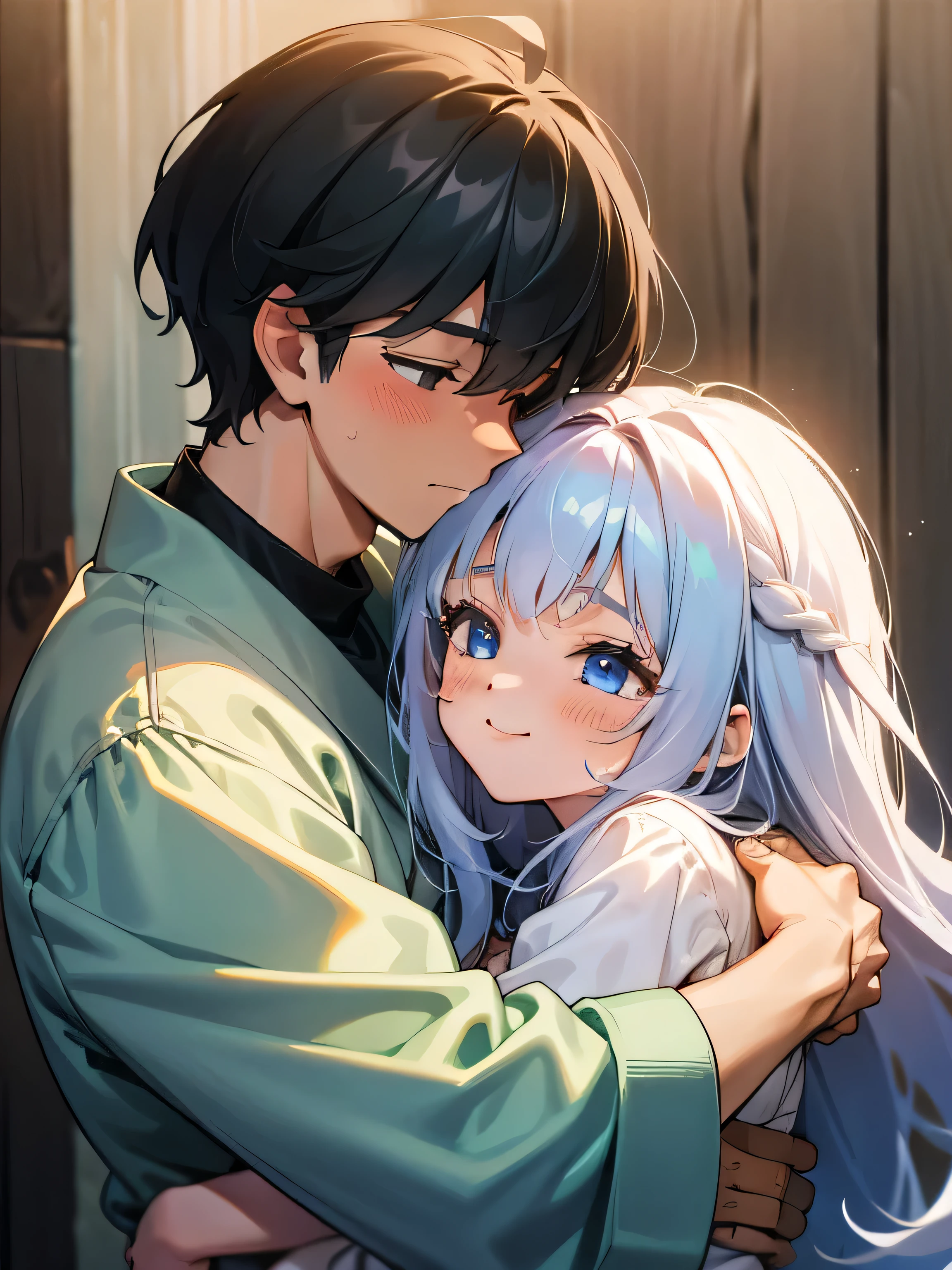 The girl snuggled into the boy's arms，Cute girl，Handsome boy，detail in face，couple，Love，Love，couple，