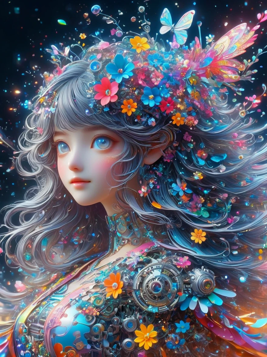 (3D,mechanical感,cute,ais-scrapyrd 1girl,mechanical),(Use a wide-angle lens to capture full-body images:1.9), (masterpiece:1.1), (highest quality:1.1), (HDR:1.0), ambient light, ultra-high quality,( ultra detailed original illustration), (1girl, full body), (Rainbow dress), (Slender thighs), (Shoes made of flowers: 1.5),((harajuku fashion)), ((flowers with human eyes, flower eyes)), double exposure, fusion of fluid abstract art, glitch, (original illustration composition), (fusion of limited color, Maximalism artstyle, geometric artstyle, Colorful neon lights,高科技mechanical部件,Metal body,Detailed Vibranium Flower Design,Vibrant colors,Dynamic glowing flowers,Reflective metal surface,Bright environment,Dynamic poses,Exquisite existence,Skills Improvement,互锁mechanical齿轮,Stylish design,motion blur effect,Detailed metal treatment,Sci-fi atmosphere,Streamlined aerodynamic shape,Laser scanning pattern,Holographic projection,LED light track,Beautiful and unforgettable,Advanced sensors,Complex algorithms,Ominous and mysterious atmosphere,Electric Spark,Shiny chrome,Propulsion systems of the future,(Best quality,8k,high resolution,masterpiece:1.2),Super detailed,(whole body:1.8)