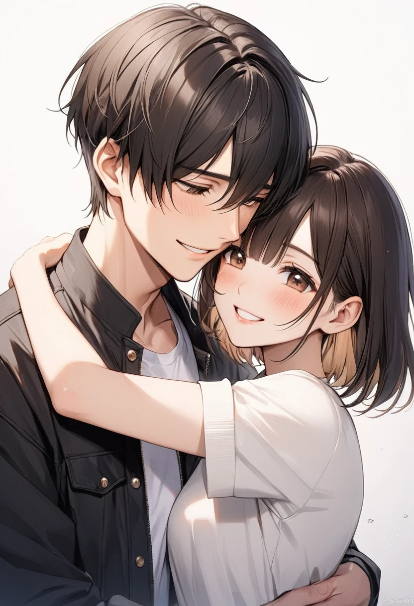 20-year-old male(Black Hair、Short Hair、Handsome)20-year-old women(Dark brown hair、Bobcut、cute)、Hold me tight、smile、Shy