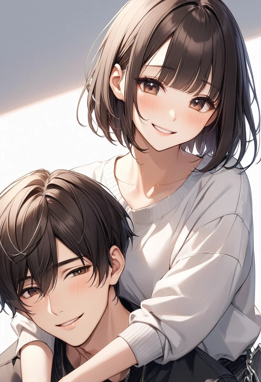 20-year-old male（Black Hair、Short Hair、Handsome）20-year-old women（Dark brown hair、Bobcut、cute）、Hold me tight、smile、Shy