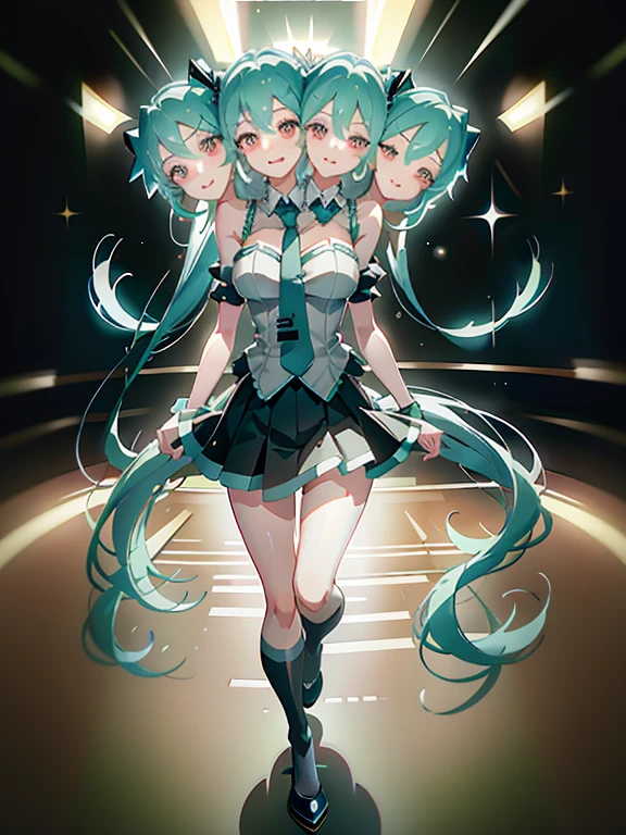 DSLR Photos, (8ก, 4K, Masterpiece),(Masterpiece, best quality), best resolution, (3 heads:1.5), Hatsune Miku, aqua hair, twin tail, long hair, tear, open mouth, smile, be happy, sing, Dancing, White sleeveless shirt, Aqua necktie, black skirt, arms separated,hotel room, arm circle, (hands on head), (lower hand on ankle), (lower hand on leg), Full content in the frame, full body view, (four arms),(Multi-arm),(many hands), Slim shape