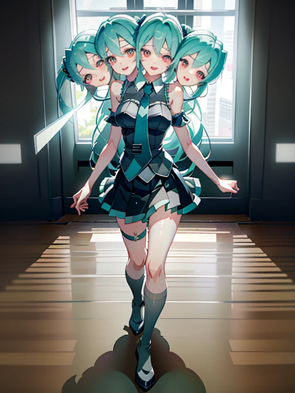 DSLR Photos, (8ก, 4K, Masterpiece),(Masterpiece, best quality), best resolution, (3 heads:1.5), Hatsune Miku, aqua hair, twin tail, long hair, tear, open mouth, smile, be happy, sing, Dancing, White sleeveless shirt, Aqua necktie, black skirt, arms separated,hotel room, arm circle, (hands on head), (lower hand on ankle), (lower hand on leg), Full content in the frame, full body view, (four arms),(Multi-arm),(many hands), Slim shape