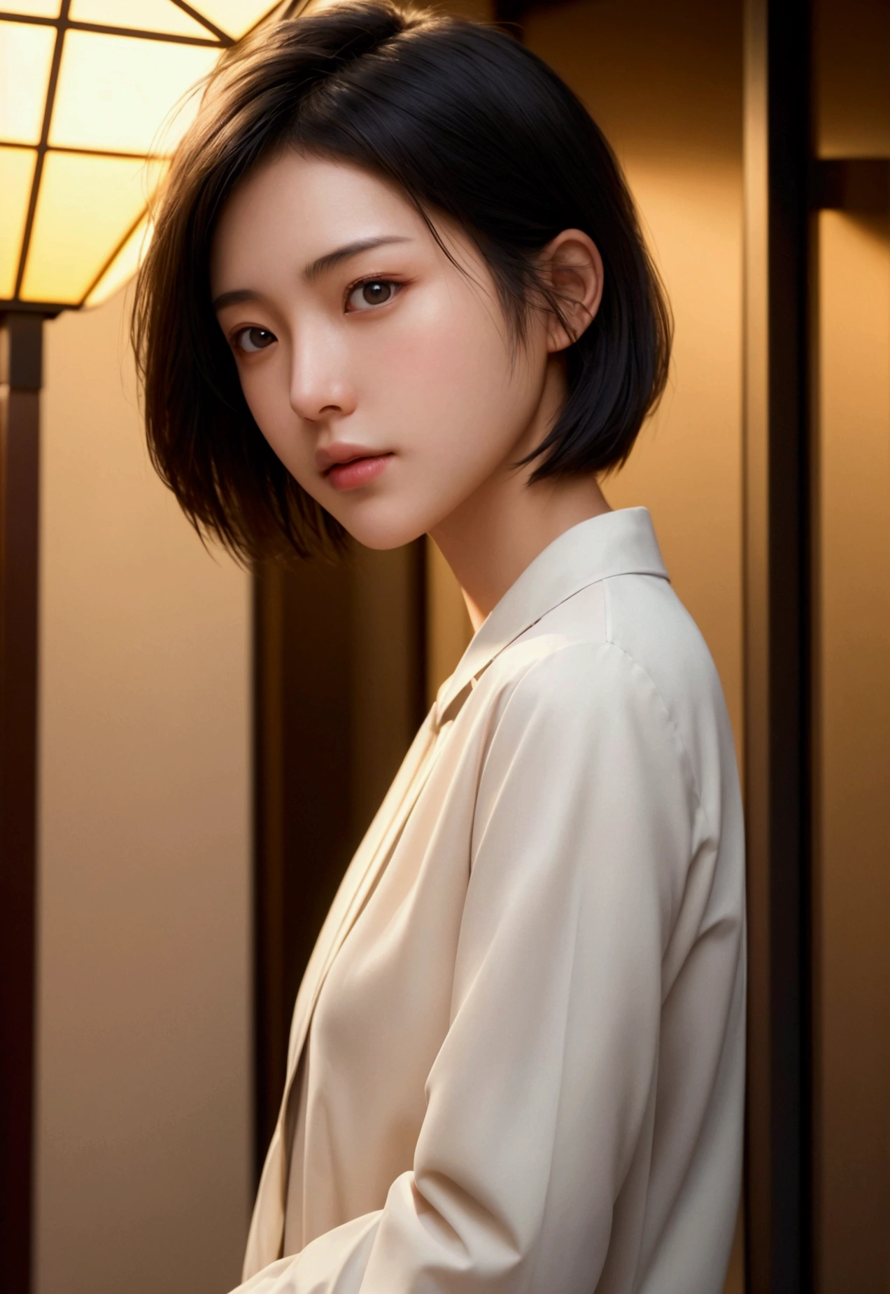 (Top Quality, Masterpiece:1.3, Ultra High Resolution,),(Highly Detailed, Caustics),(Photorealistic:1. 4, RAW Shooting,) Ultra Realistic Capture, High Definition, High Resolution 16K suitable for human skin, Natural Skin Texture, Skin tone looks even and healthy, Use natural light and color, Natural skin tone looks even and healthy Uniform and healthy looking, Using natural light and color, One Woman, Japanese, Cute, Dark hair, Medium hair, (Depth of field, Chromatic aberration, Wide lighting range, Natural shading), (Evening hotel entrance lighting: 1. 4), (Hair blowing in wind: 1), Short hair, Outside split edge