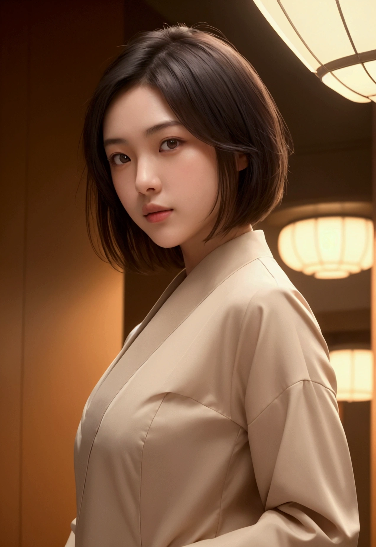 (Top Quality, Masterpiece:1.3, Ultra High Resolution,),(Highly Detailed, Caustics),(Photorealistic:1. 4, RAW Shooting,) Ultra Realistic Capture, High Definition, High Resolution 16K suitable for human skin, Natural Skin Texture, Skin tone looks even and healthy, Use natural light and color, Natural skin tone looks even and healthy Uniform and healthy looking, Using natural light and color, One Woman, Japanese, Cute, Dark hair, Medium hair, (Depth of field, Chromatic aberration, Wide lighting range, Natural shading), (Evening hotel entrance lighting: 1. 4), (Hair blowing in wind: 1), Short hair, Outside split edge