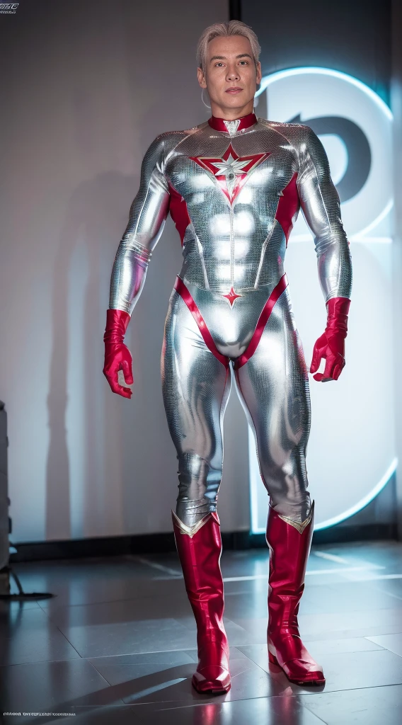 (realistic,hyper-detailed,8k,DC comic superhero,Captain Atom,captainatom),
(silver suit,silversuit),
(red gloves,redgloves),
(red boots,redboots) , 