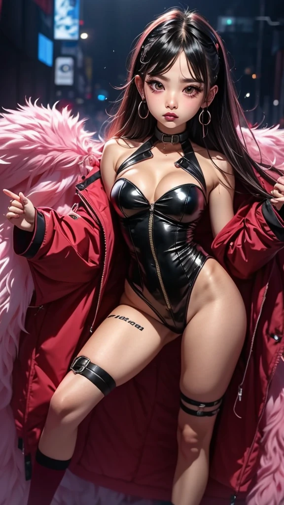 The character costume is KPOP, Hallyu, K-pop anime art style, Hallyu frontline style, Hallyu art style, kpop style, official artwork, Chibi art, Pisif, Blackpink style, cute. KPOP artwork in various poses, The popularity of Pisif art station, lingerie, 16 year old chibi, No watermark, Extra close-fitting mini skirt, open jacket, extra short clear top Strapless, cleavage, style clothing cyberpunk, smallest short short, wide angle, short top, very short, 3 innocent girls, UHD 32k, RAW, Wide legs, wide hips