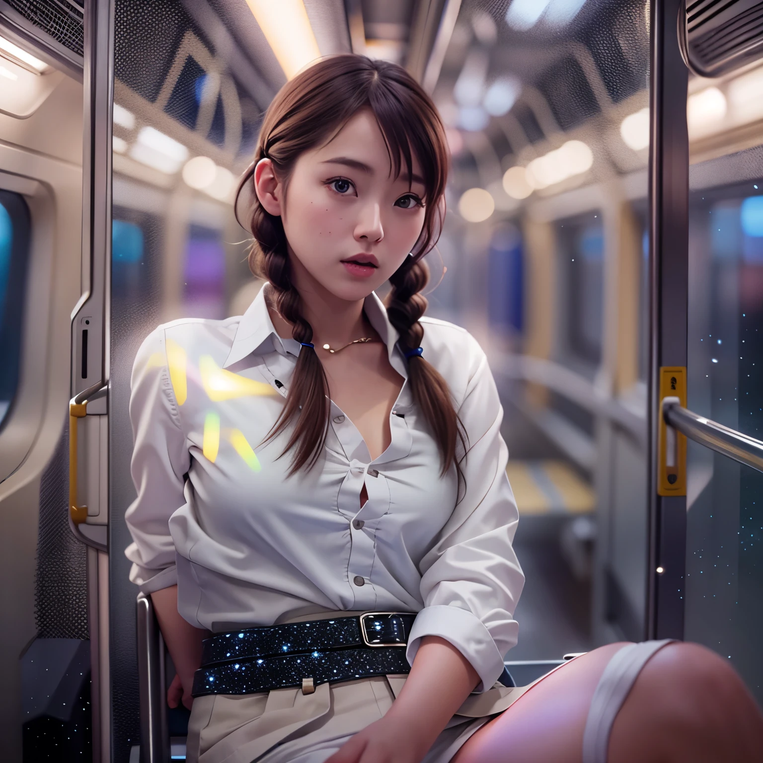 (((Misako Renbutsu)))Beautiful Young Female with ((Twin Braids) covering Bust) (Flashing Crotch) on ((Dusk Train)), (extremely delicate and beautiful) Detailed Closing Texture, Professional portrait of SemiNude photography, (((Unbuttoned WhiteShirt with beltbra:1.37)) White SkinnyShorts)Navel, (sitting_chair) {leaning back|(knee up to chest)}, (Motion blurred window){(Tyndall effect)|lens flare|Haze|bokeh} ZoomLayer (Oodles Blurred Colorful Lights (Starry particles)), (TopQuality Masterpiece of 8K Ultra-detailed DigitalPainting by Jeremy Lipking), (Clearly visible the Shape of Crotch), (extra leg:-1)