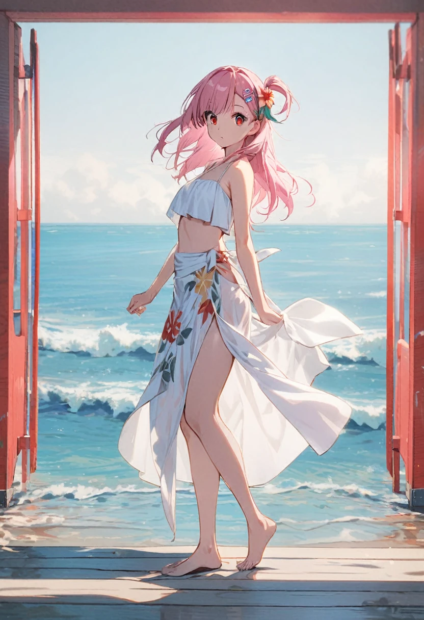 1 girl(white pareo, pink hair, half side up hair, flower hair clip, red eye, barefoot, standing), sea side