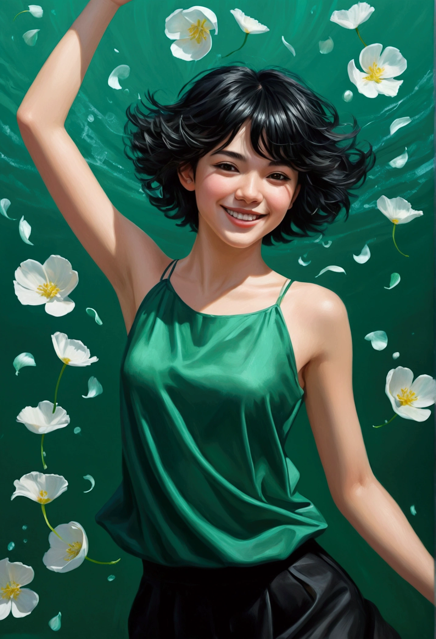A beautiful and delicate portrait of a cute playful girl with boyish short hair, Bblack hair, Emerald Green Sea, mischievous grin, dancing petals, (Maximum quality, work of art, ultra-realistic) and petals floating in the background