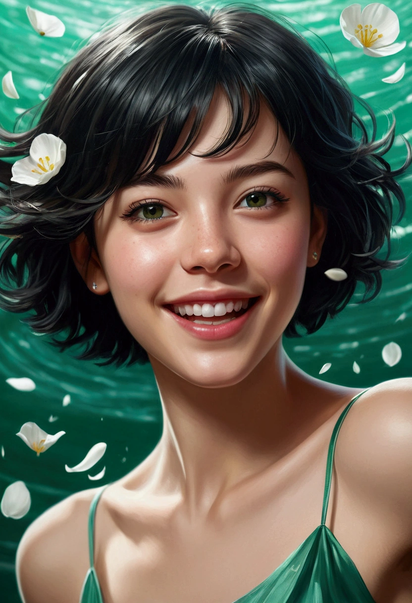 A beautiful and delicate portrait of a cute playful girl with boyish short hair, Bblack hair, Emerald Green Sea, mischievous grin, dancing petals, (Maximum quality, work of art, ultra-realistic) and petals floating in the background