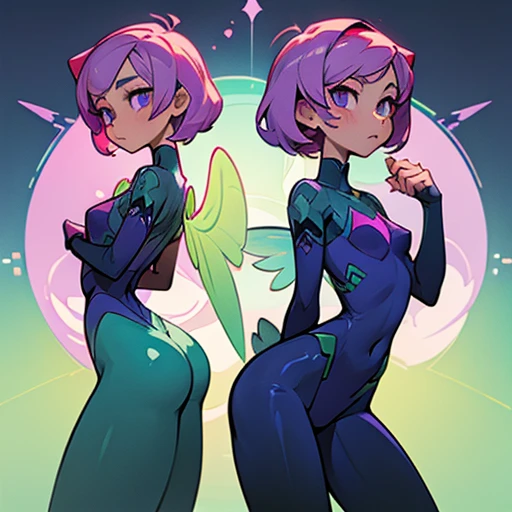 A girl with an angular face and violet eyes, a concentrated and analytical expression.
Short pink hair, styled in a modern and practical cut.
Body with a slim With wide hourglass-shaped hips and a small bust and athletic figure. Light skin. Reflects precision and efficiency.
in purple and green erótic school uniform and with fairy wings With phosphor green technology elements
(((Character sheet))) (various views) ((front and back) (face detail)